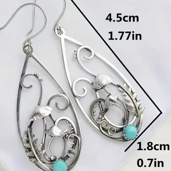 Earrings Turquoise Mushroom 3D Tear Drop Spiral Boho Alice Wonderland Unique NEW - Picture 3 of 3